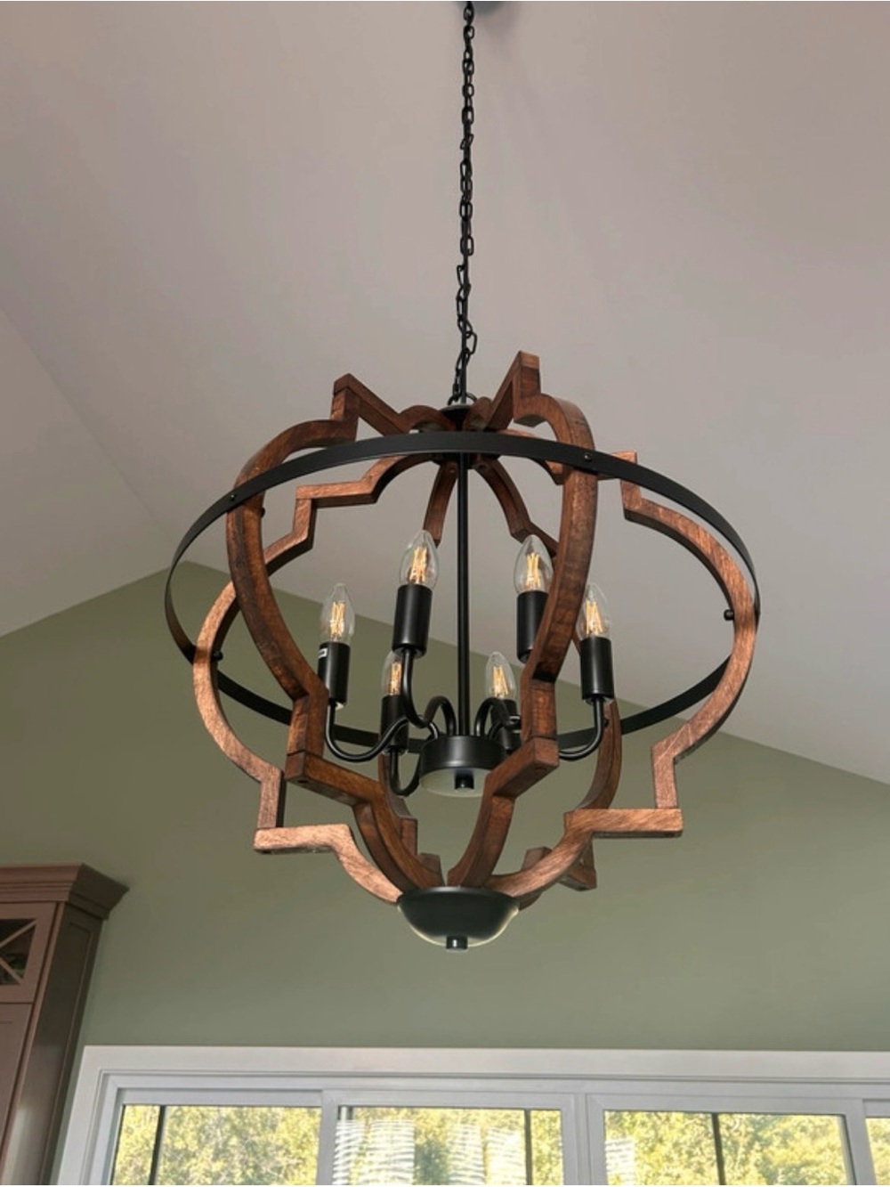 Wood and Black Metal Chandelier - Rustic Brown Pendant Light